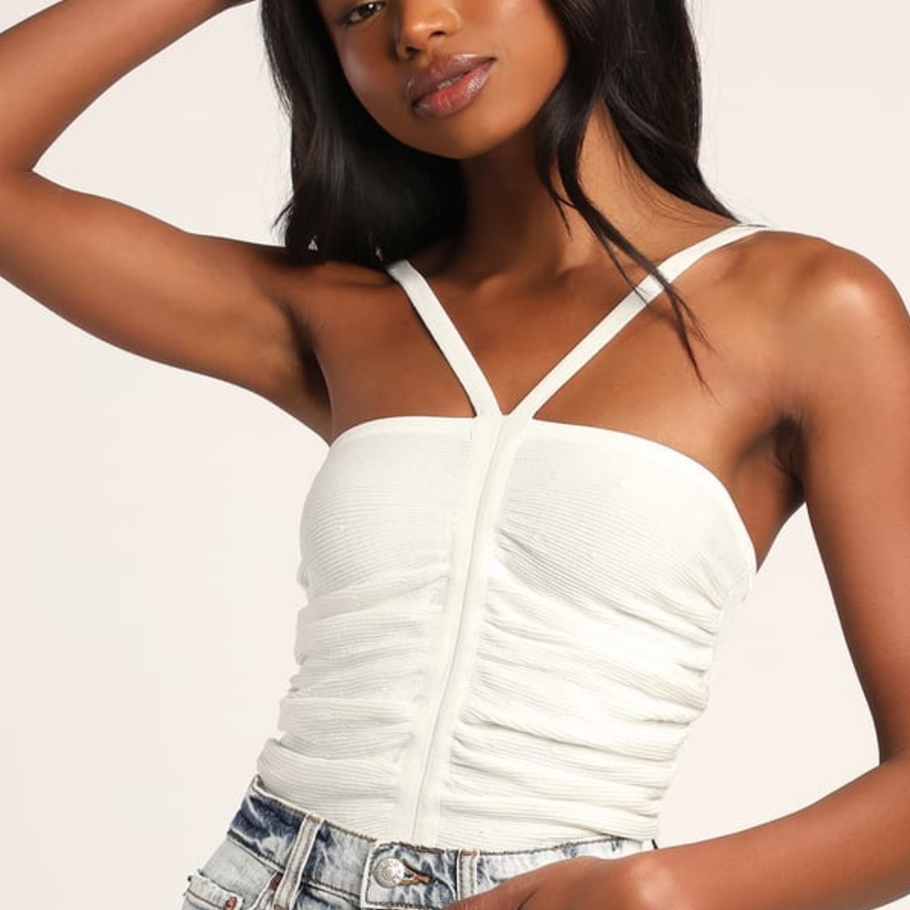 Ivory Ruched Cropped Halter Tank Top